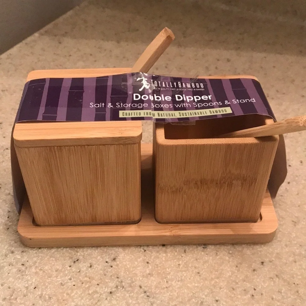 Totally Bamboo Double Dipper Salt & Storage boxes with spoons & Stand- NWT